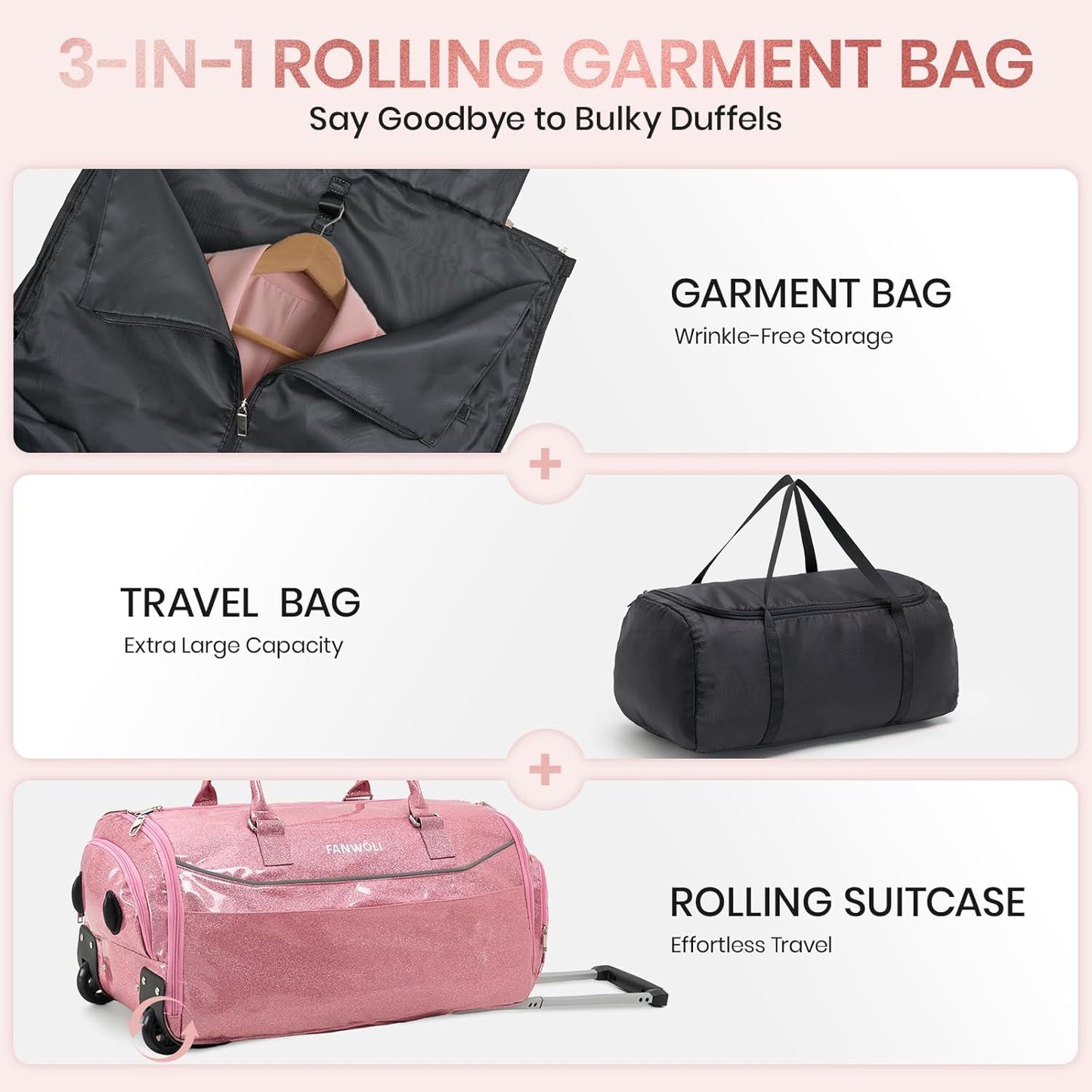 3-in-1 Rolling Garment Bags for Travel, Glitter Wheeled Carry-On Suit Luggage with Shoe Storage & Detachable Bag, Convertible Duffel Bag for Men Women Business Trips Weekender, Wrinkle-Free (Pink)