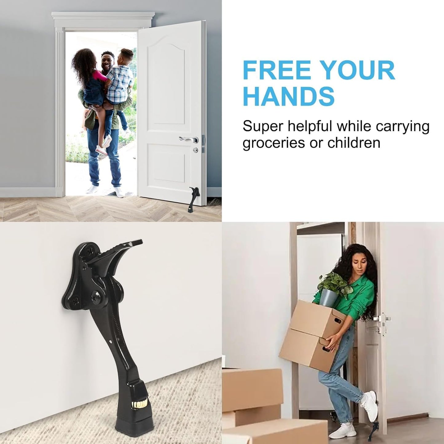 4 Packs Black Door Stops, Heavy Duty Kickdown Door Stopper, One Touch Adjustable Kickdown Door Stop for Heavy Doors, 4 in Metal Door Kickstand with Rubber Tip & Wall Protectors for Wide Doors- Black