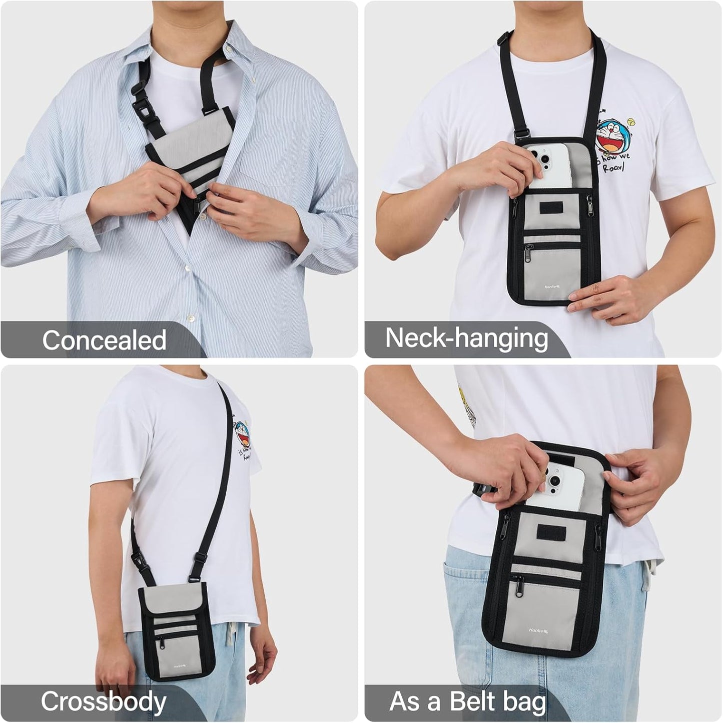 Hanke Passport Holder, Travel Wallet for Womens and Men, Neck Wallet Hidden Passport Pouch for Travel Adjustable Lightweight Thin with 6 compartments (Light Grey)