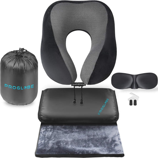 Travel Blanket Luxury Travel Set - Ergonomic Airplane Neck Pillow 100% Pure Memory Foam and Super Soft Fleece Blanket - Premium 3D Sleep Mask & Earplugs - Ultimate 4-in-1 Traveling Kit Black