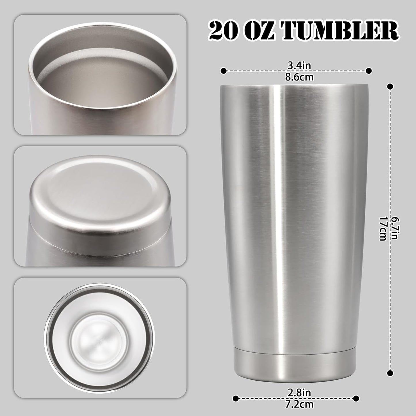 20 oz Tumbler with lid Double Wall Vacuum Insulated Tumblers Stainless Steel Coffee Mug Travel Coffee Tumbler Powder Coated Tumbler Cup Keep Hot&Cold - (Stainless 6 Pack)