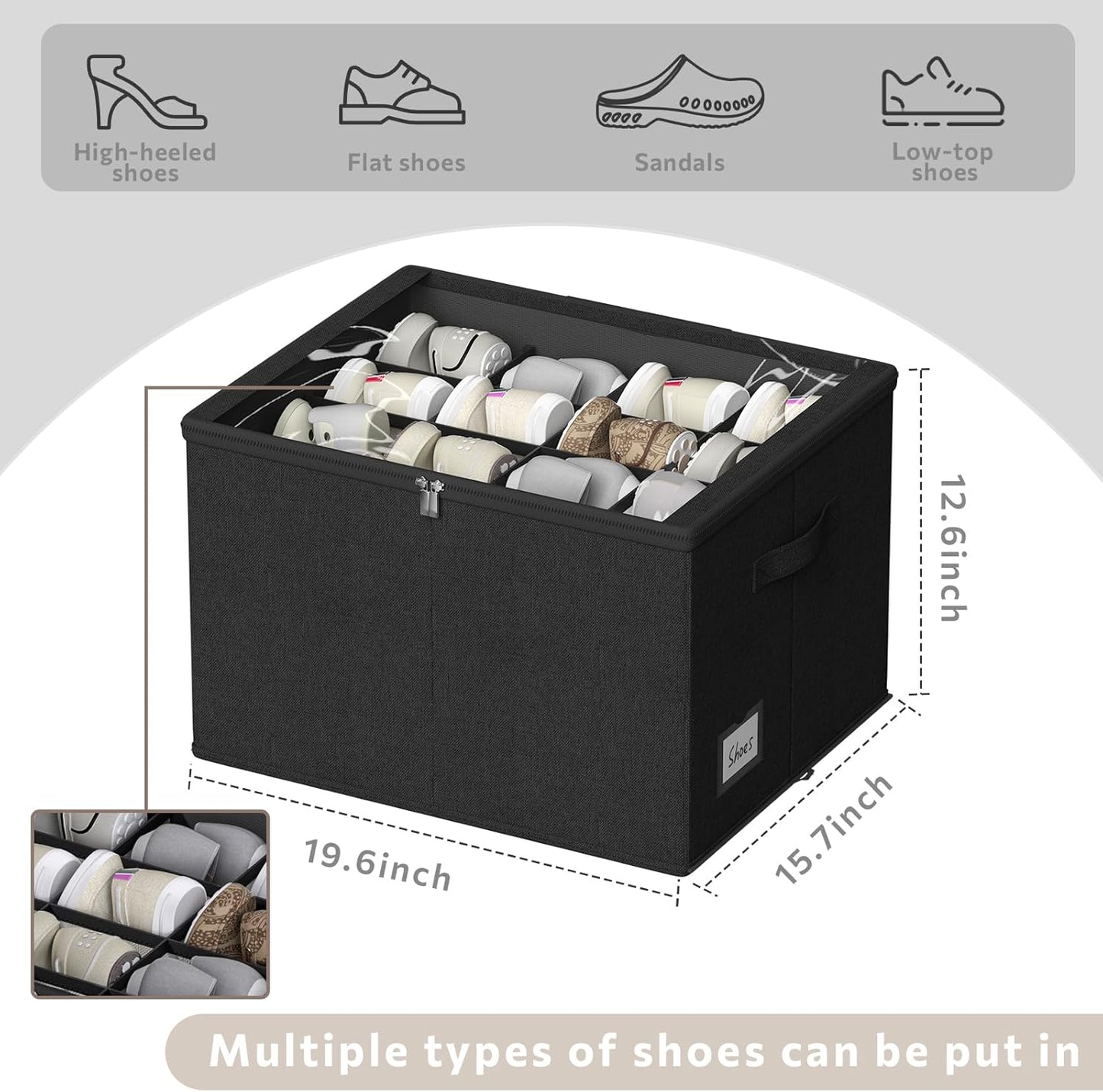 Shoe Organizer for Closet, 2 Pack Sturdy Shoe Storage Bins with Clear Cover, Fits 16-32 Pairs, Foldable Shoe Storage Box with Reinforced Handles (Black, 19.7 * 15.7 * 12.6in)