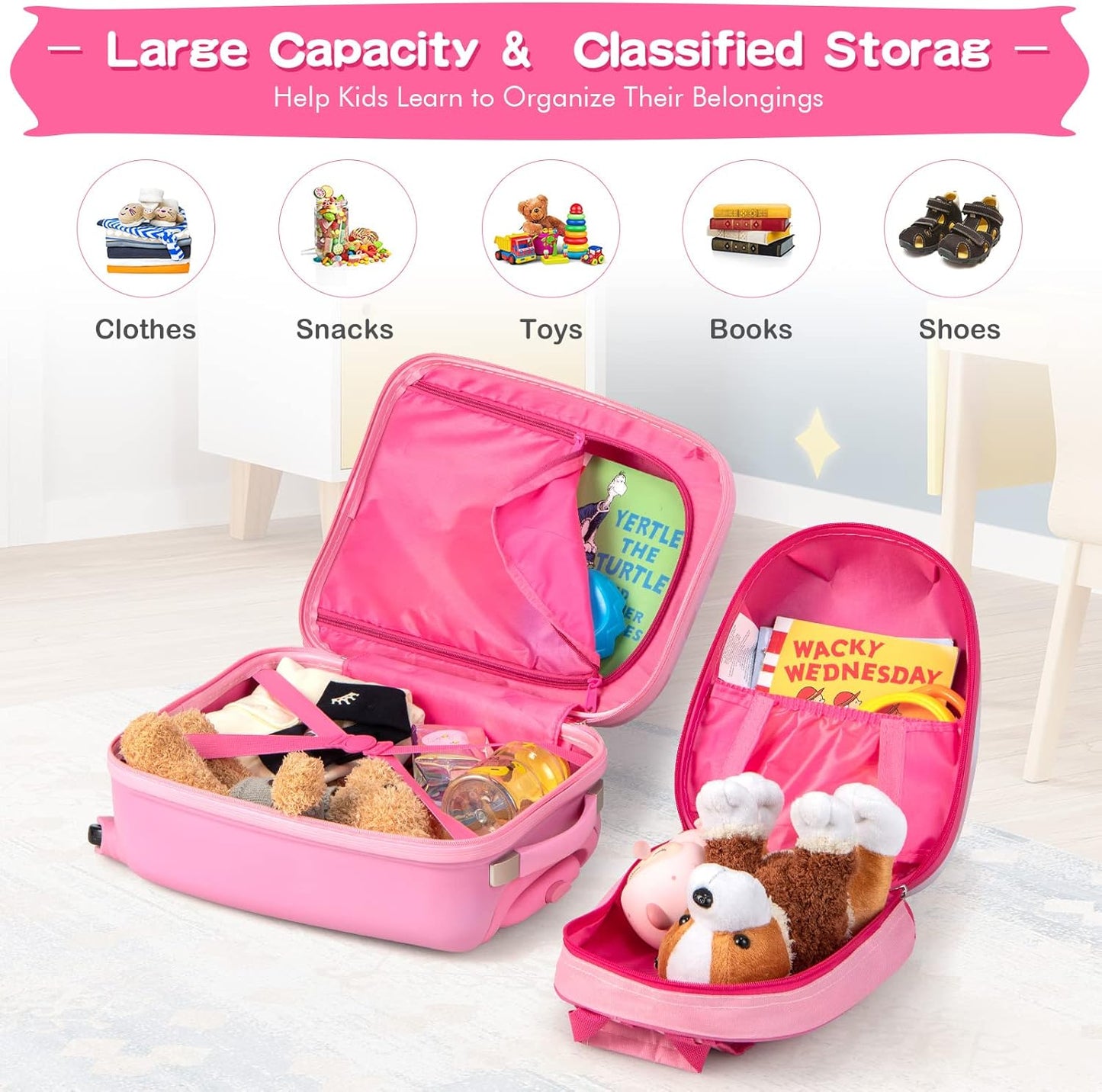 HONEY JOY Kids Luggage, 12" Toddler Backpack & 16" Travel Suitcase with Wheels, Lightweight Toddler Girls Suitcase, Durable ABS Hardshell, 2Pcs Carry On Luggage Set for Boys Girls(White Horse)