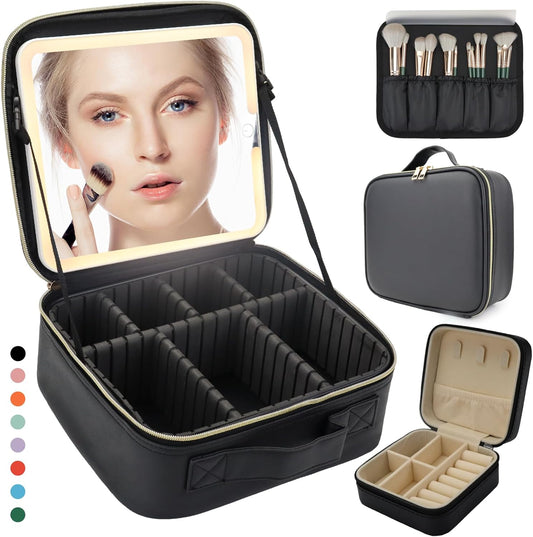 Travel Makeup Bag for Makeup Artists Large Makeup Case,with Mirror 3 Color Setting and Jewelry box Travel Makeup Bag,Portable Storage and Adjustable Dividers（black）