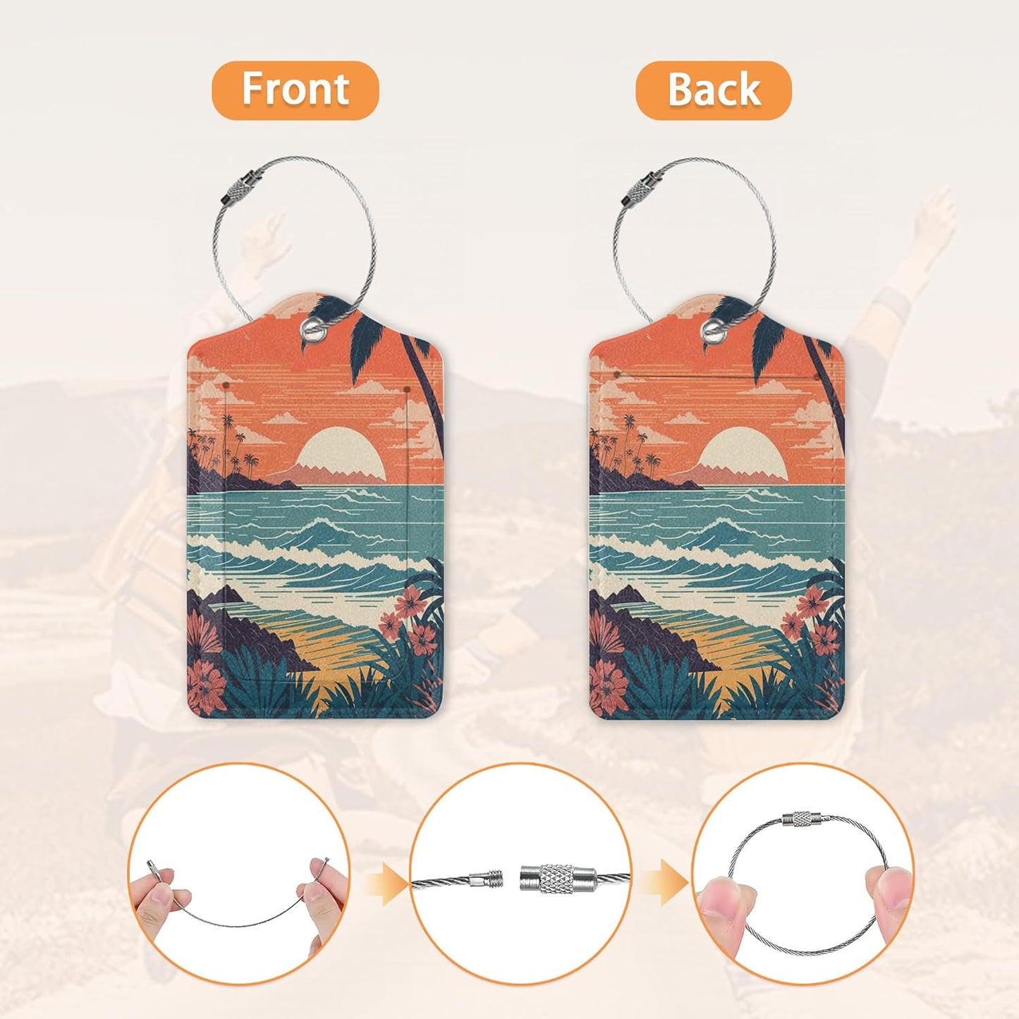 2 Pcs Luggage Tags for Suitcase,Tropical Palm Ocean Landscape Vintage Luggage Tag Name Id Labels with Privacy Cover for Travel Backpack Women Men
