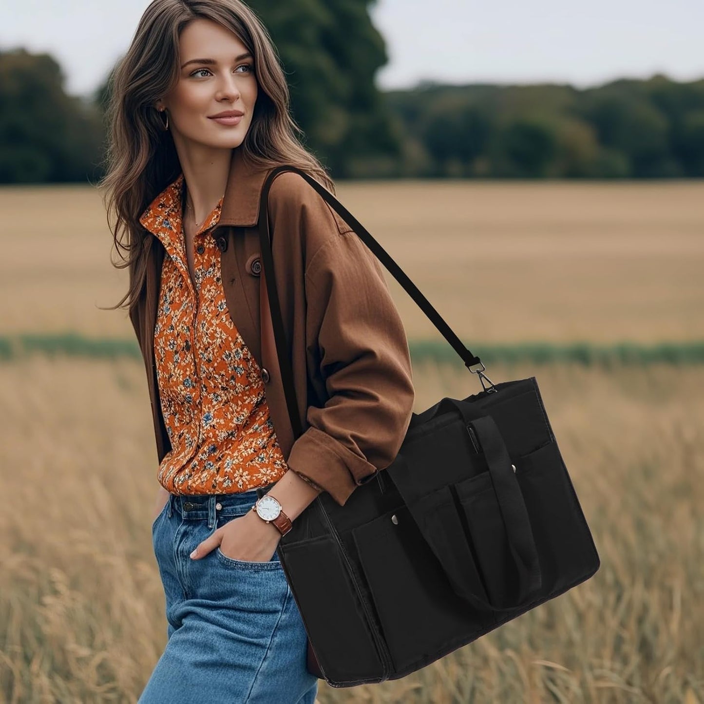 Closeable Tote Bag with 12 Pockets,Thick Bottom Support & Adjustable Strap,Water-Resistant