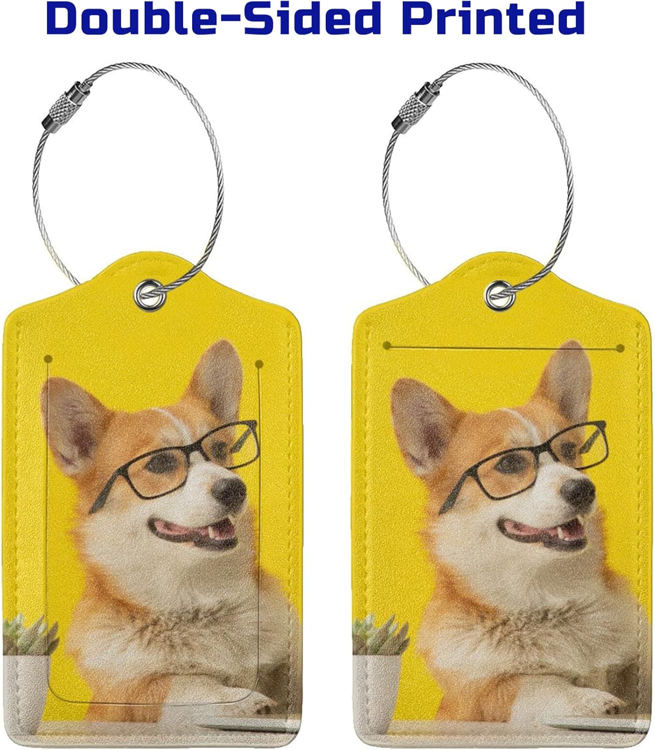 2 Pcs Yellow Luggage Tags for Suitcases Cute Dog with Glasses Pattern Leather Backpack Tag with Stainless Steel Loop Privacy Cover ID Label Travel Bag Tags Luggage Identifiers for Adults Kids Travel
