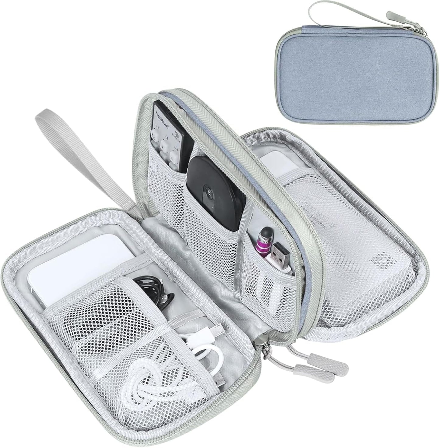 FYY Electronic Organizer, Travel Cable Organizer Bag Pouch Electronic Accessories Carry Case Portable Waterproof Double Layers Storage Bag for Cable, Charger, Phone, Earphone, Medium Size- Light Grey