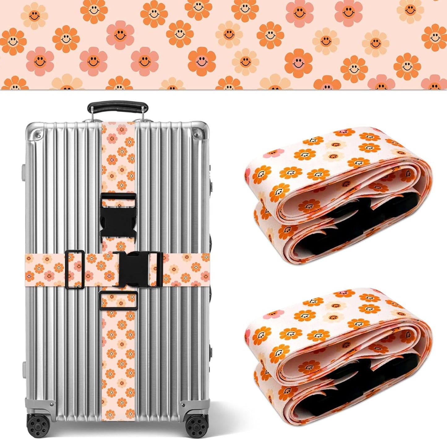 Luggage Straps for Suitcases TSA Approved, Luggage Identifiers for Suitcase, Adjustable Suitcase Strap for Baggage Security with Cute Patten, Travel Necessary Accessories 2Pack (Orange Flower)