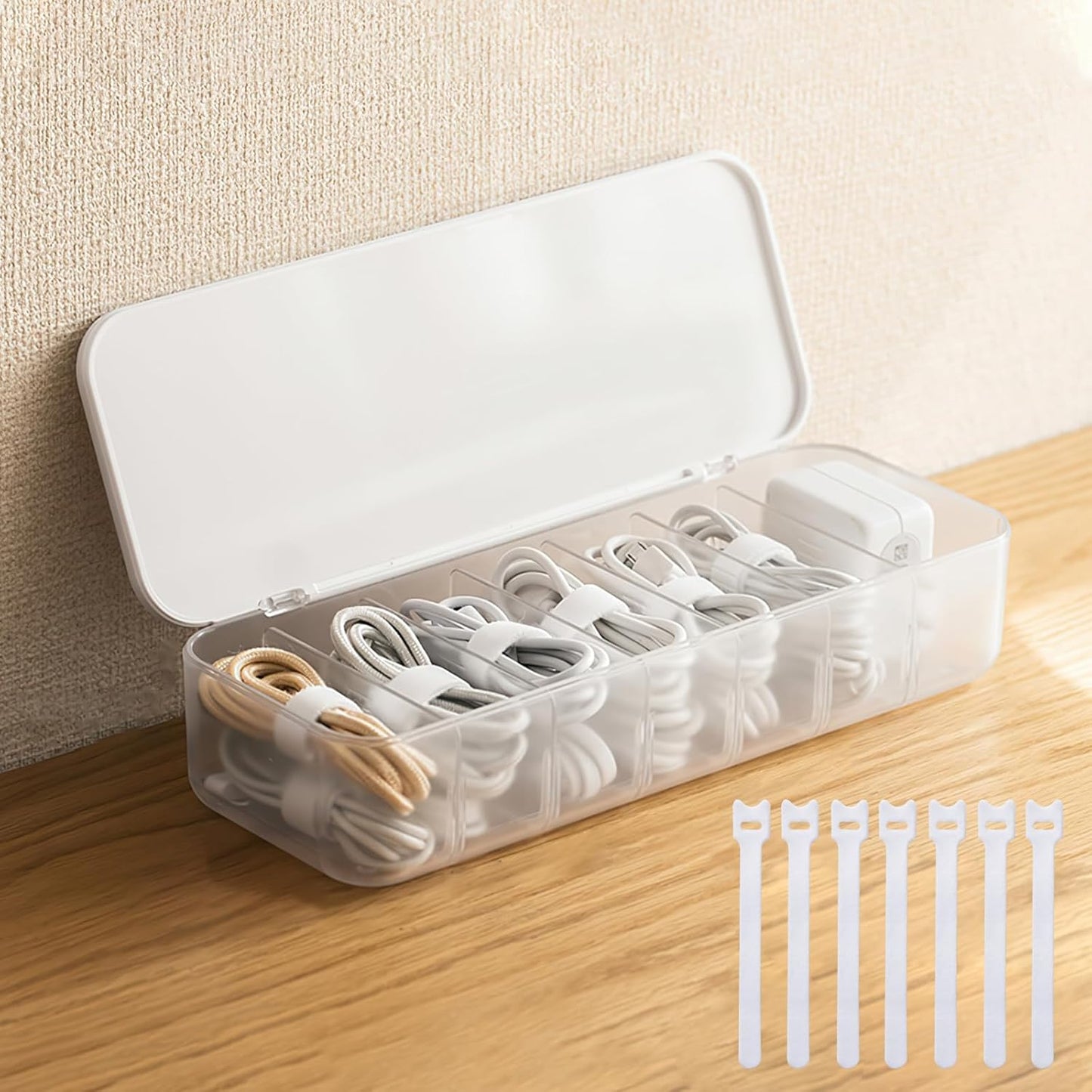 Cable Organizer Storage Box with 7 Wire Ties,Desktop Cable Management Box with Lid,Power Cord Organizer with 7 Compartments for Office,Home,Desk Accessories Storage Stationery Supplies White