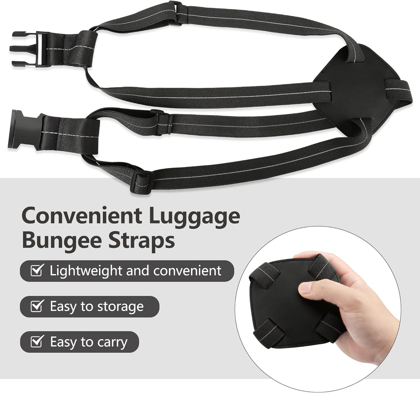 Luggage Bungee Strap - Adjustable Elastic Luggage Straps with Buckle for Attaching Roller Bags, Black Strap for Suitcases Handle Carry On Add Bag, Backpack, Purse, Rolling Bag, Handbag