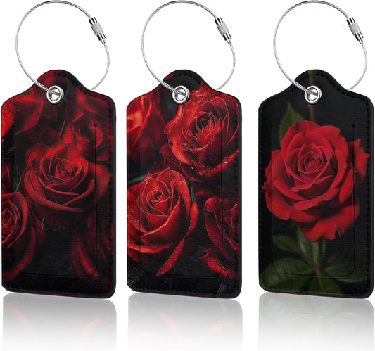 3 Pack Red Rose Luggage Tags for Suitcases, Cute Leather Name Tag with Privacy Cover with Stainless Steel Loops, Travel ID Bag Tags for Women Men