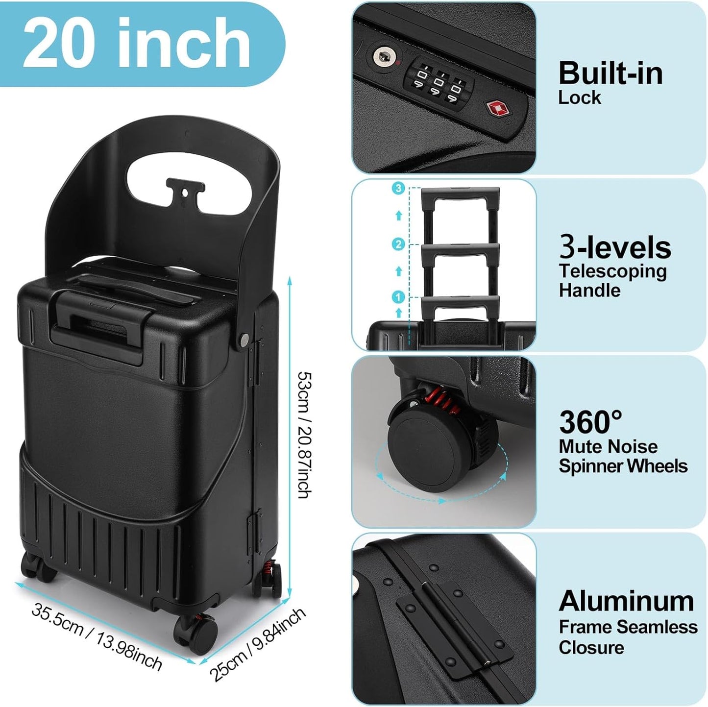 20 Inch Ride on Luggage with Seat for Kids Expandable Ride on Suitcase with Spinner Wheels and Locks for Travel