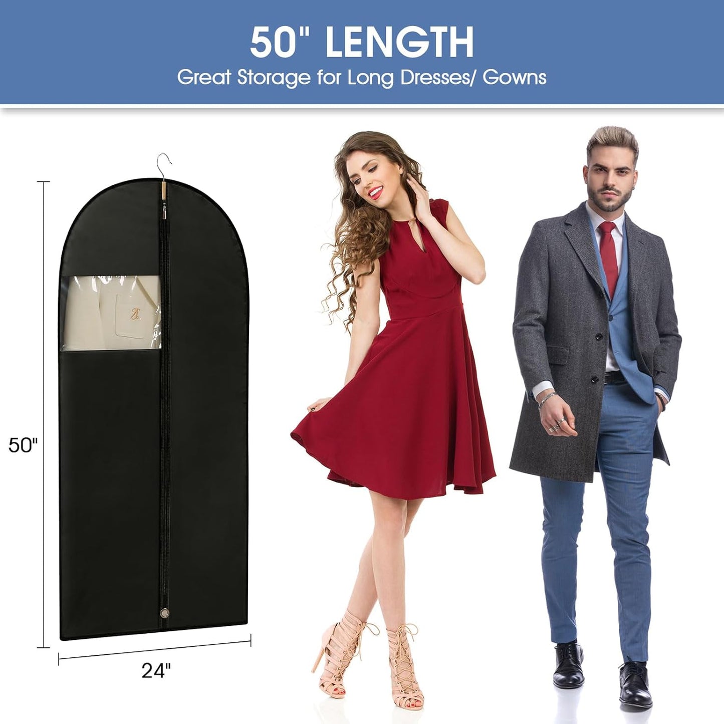 Garment Bags for Hanging Clothes, 50'' Long Dress Bags for Closet Storage, Black Garment Covers with Clear Window for Suits, Coats, Jackets（5 Packs）