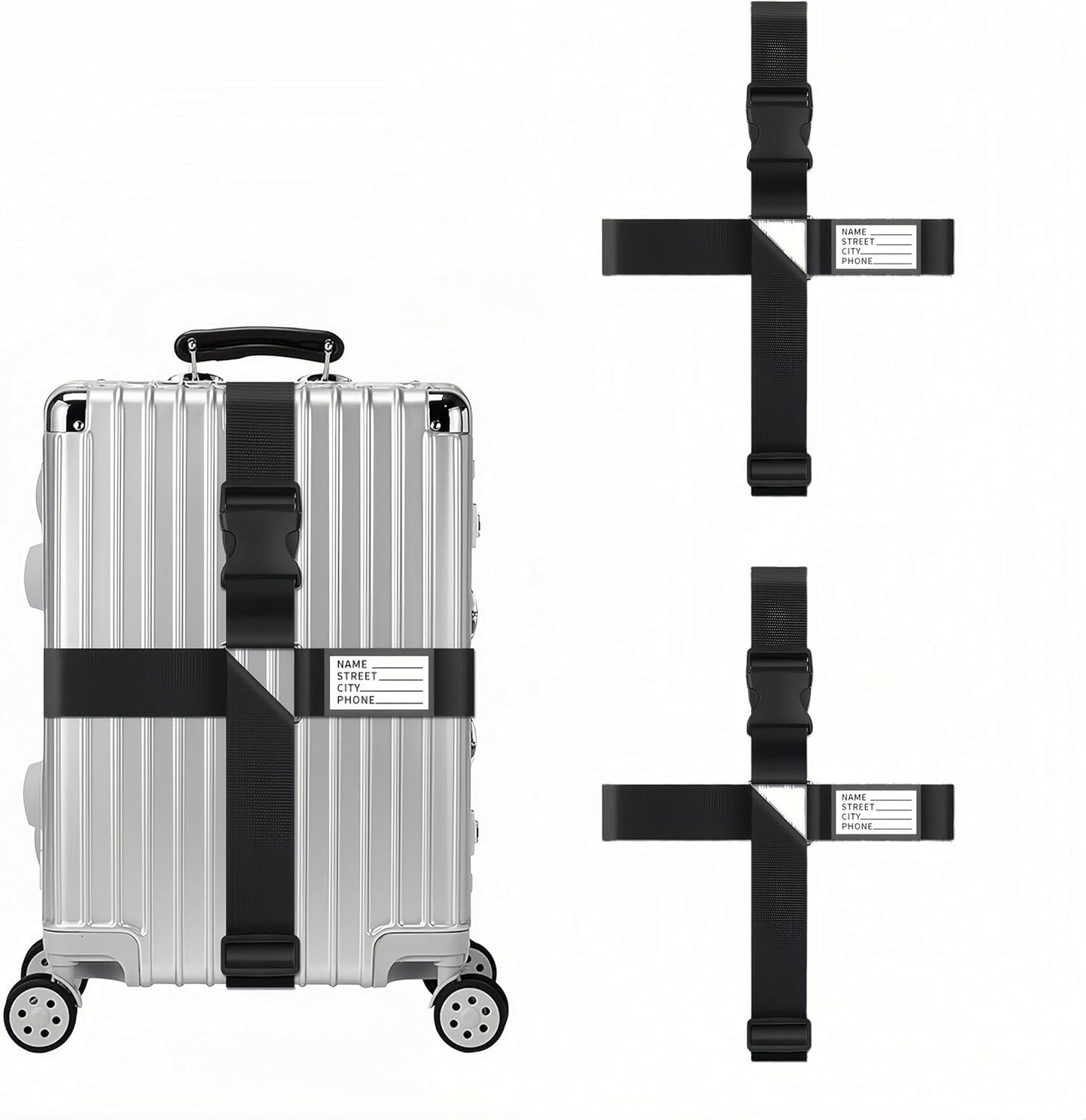 2-Pack Adjustable Luggage Straps for Suitcases – 2-Inch Wide Cross Travel Belt for 20"-32" Carry-On, Large & Collapsible Luggage – Durable Seatbelt Material, Suitcase Belts & Connector Straps (Black)