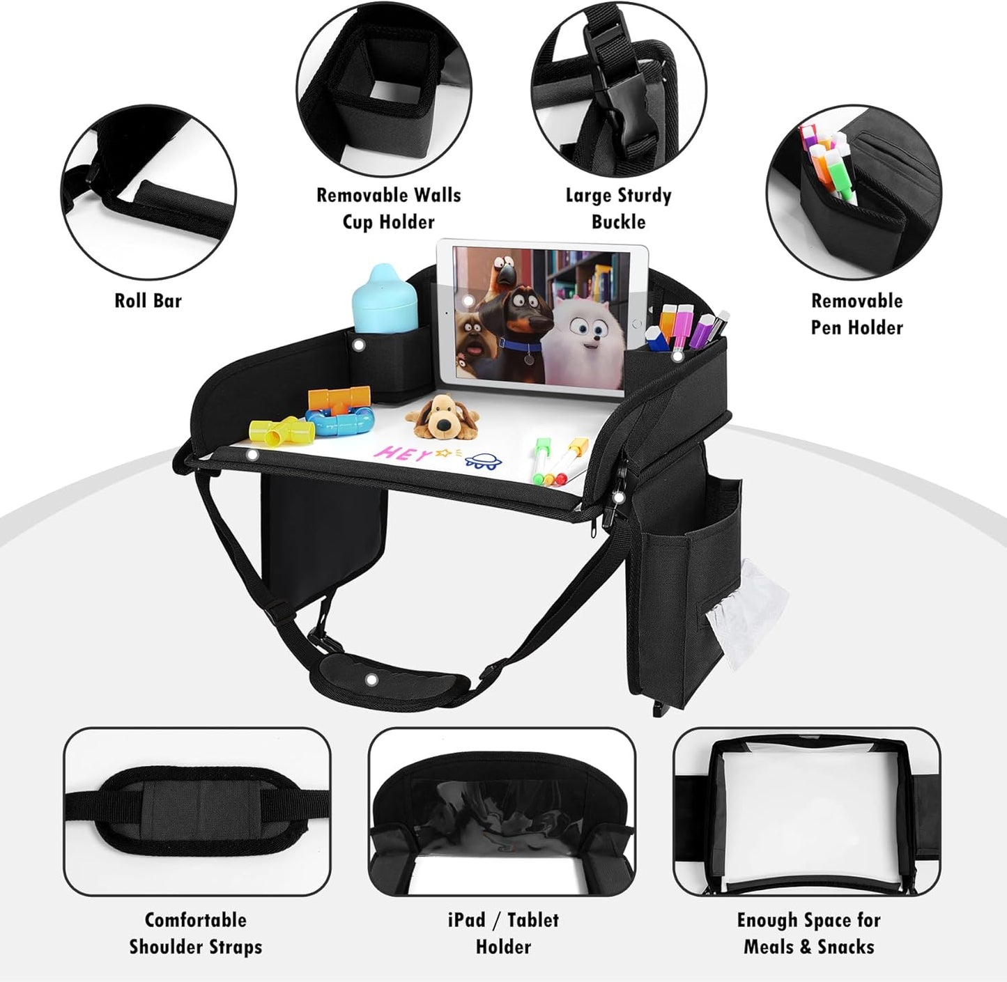 Kids Travel Tray for Toddler Car Seat, Lap Tray for Girl Activities with Dry Erase Board & Cooler Cup Holder, Road Trip Essentials Accessories with No-Drop Large Tablet iPad Holder Stand,2Pc Black