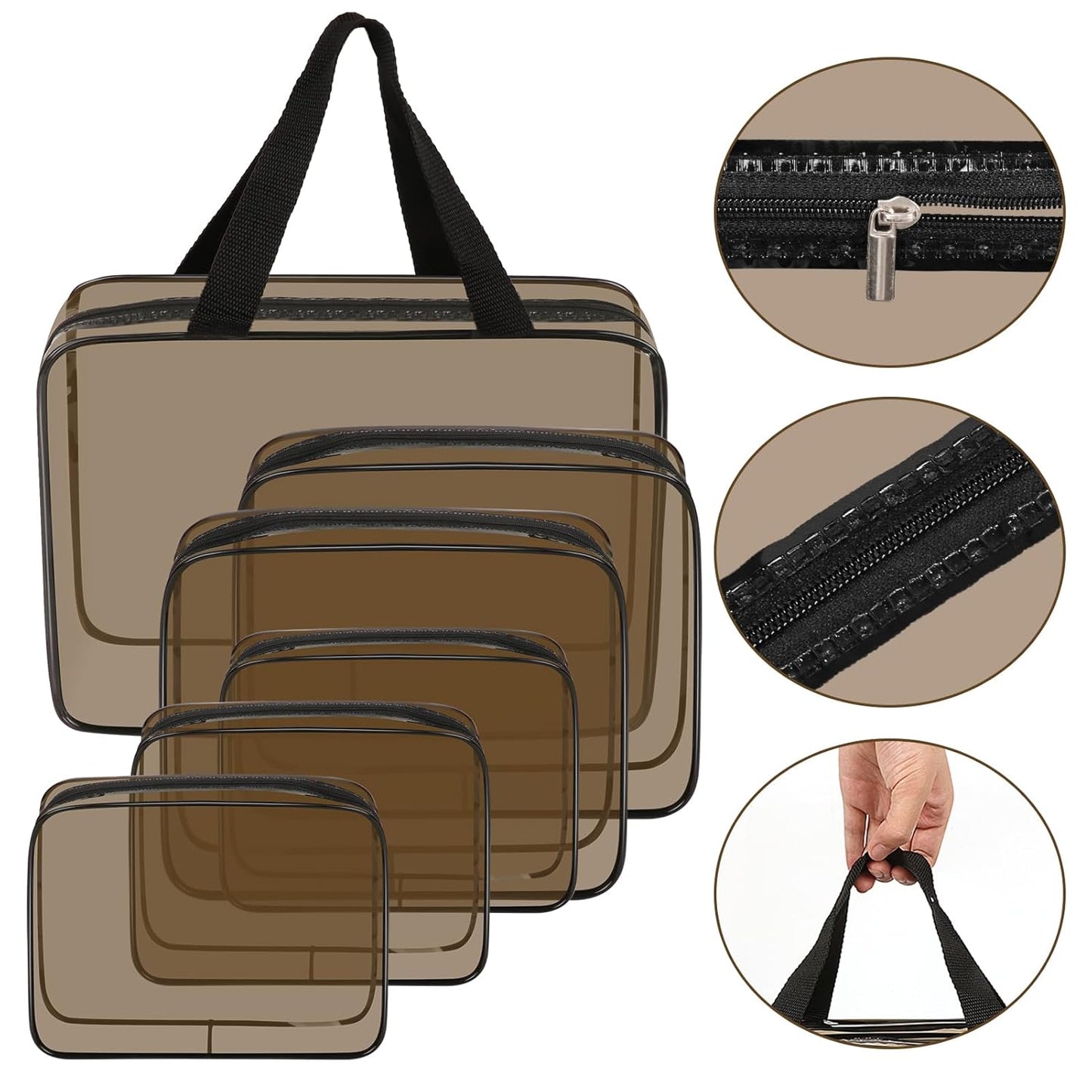 APREUTY Clear Makeup Bags, TSA Approved 6 Pcs Cosmetic Makeup Bags Set Clear PVC with Zipper Handle Portable Travel Luggage Pouch Airport Airline Vacation Organization (Black Brown)