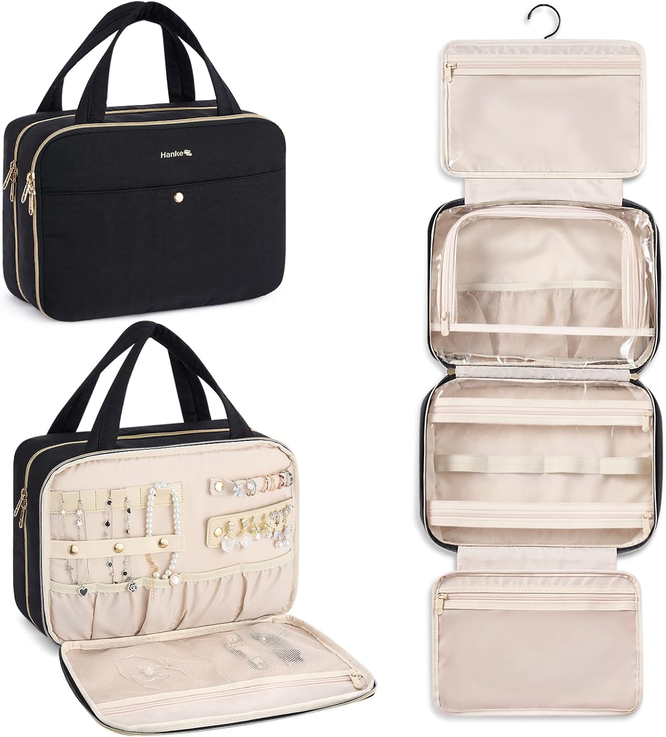 Hanke Hanging Travel Toiletry Bag for Women with Jewelry Organizer Compartment, Travel Essentials Toiletries and Makeup Bag, Water-Resistant & Stain-Resistant with Trolley Strap (Black)