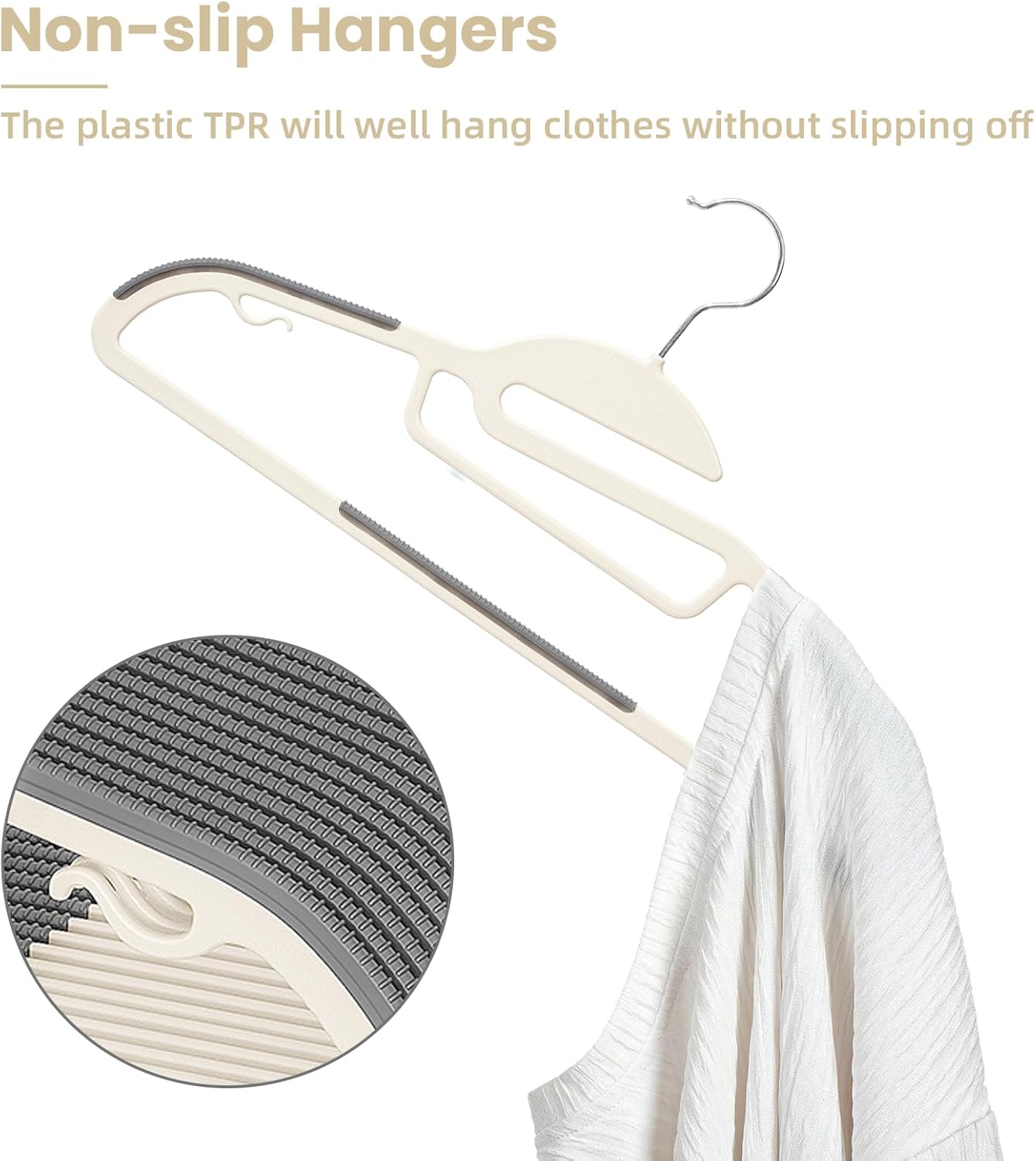 BAGAIL Plastic Hangers 50 Pack with Non-Slip Design,0.2 Inches Thick, 360°Swivel Hook Space Saving Organizer for Bedroom Closet,Shirts,Pants(Beige- S Shaped)
