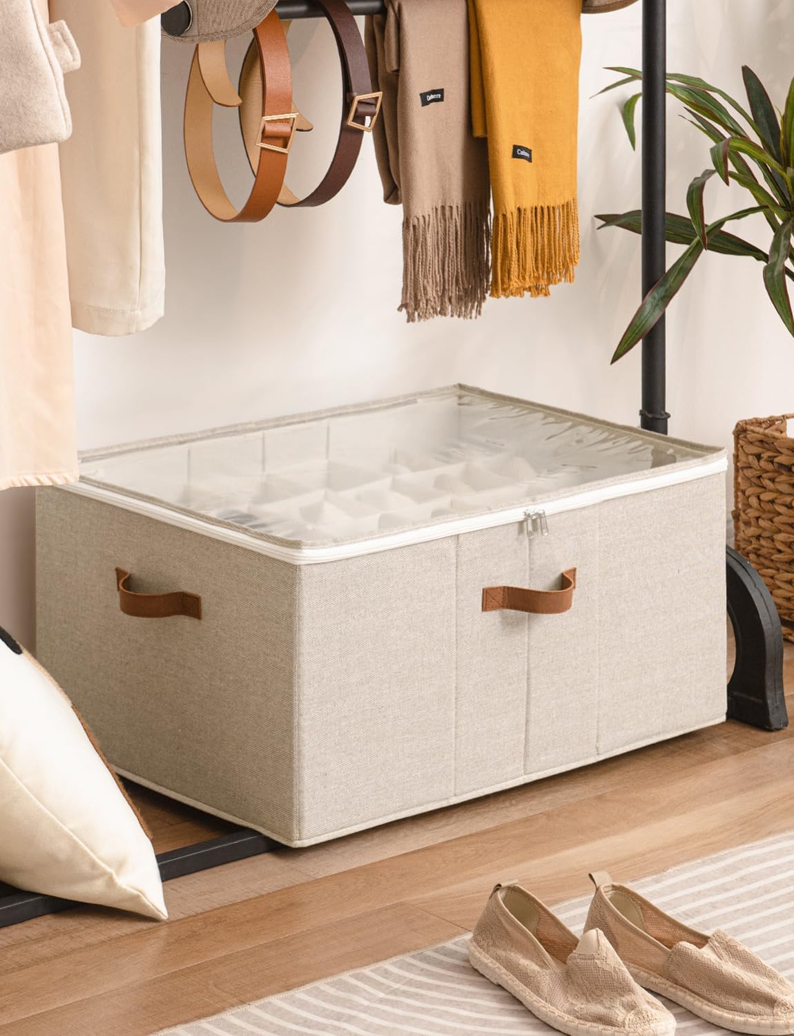 StorageWorks Shoe Organizer for Closet, Fits up to 24 Pairs, Shoe Cubby Storage Containers with Adjustable Dividers and Clear Cover, Mixing of Brown & Beige