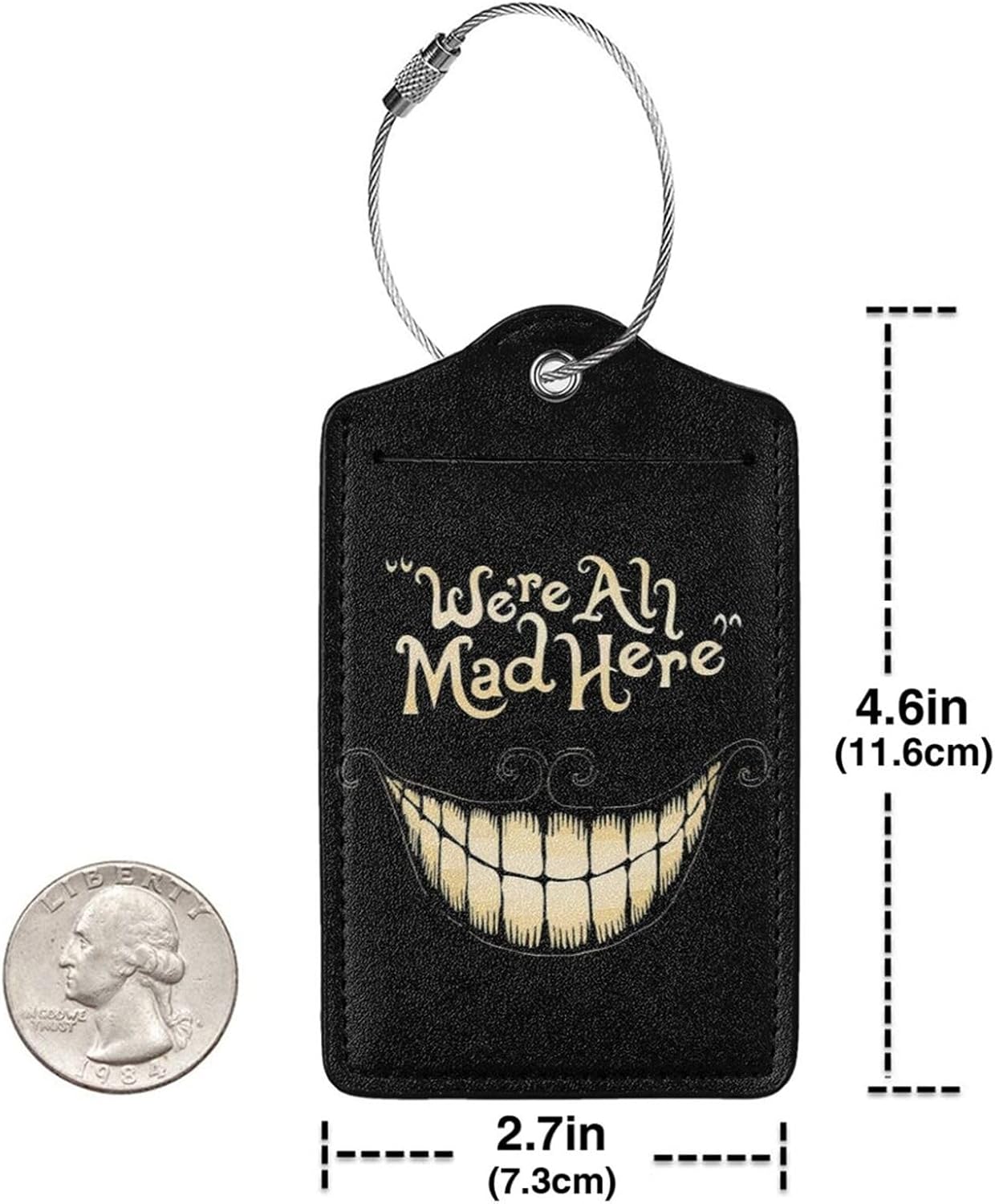 2 Pack Luggage Tags for suitcases Funny Cute Smiley Face We're All Mad Here Luggage Tag, Leather Stainless Steel Loop Label Tag for Men Women Travel Bag Suitcase(Smiley)