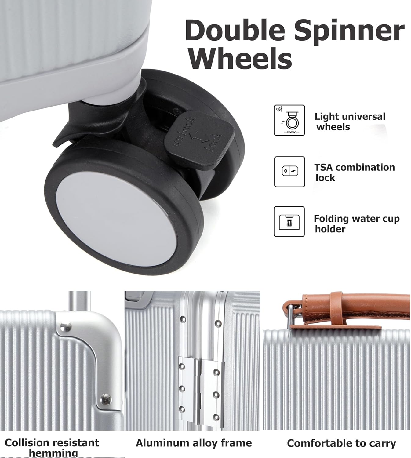 feilario 20'' Aluminum Frame Wide Handle PC Hardside Carry On Luggage - Double Spinner Wheels Luxury Rolling Travel Suitcase with TSA Lock & Cup Holder