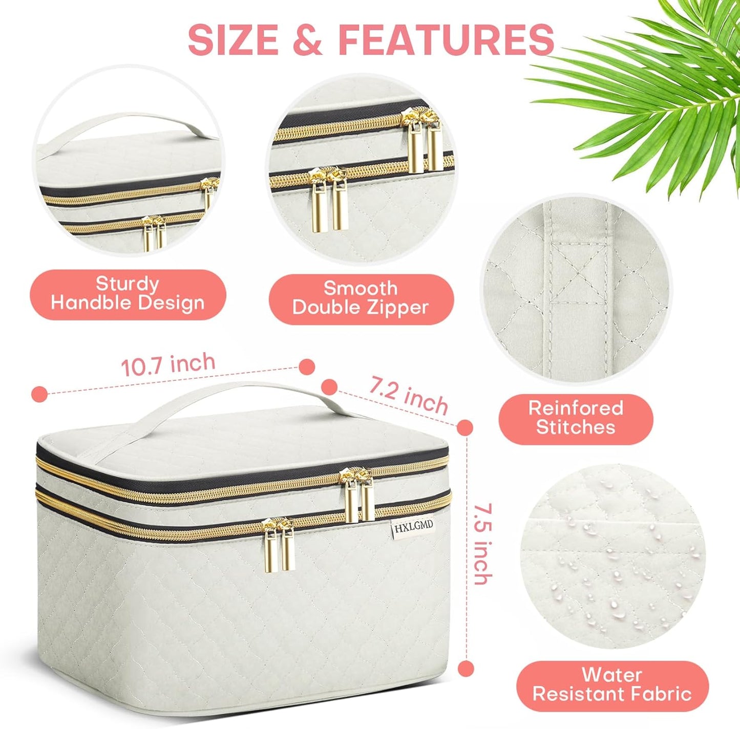 Large Makeup Bag with Mirror Double Layer Travel Make Up Organizer Case, Large Capacity Coemetic with Brush Slot Divider, Travel Toiletry Bag for Women - White/Beige