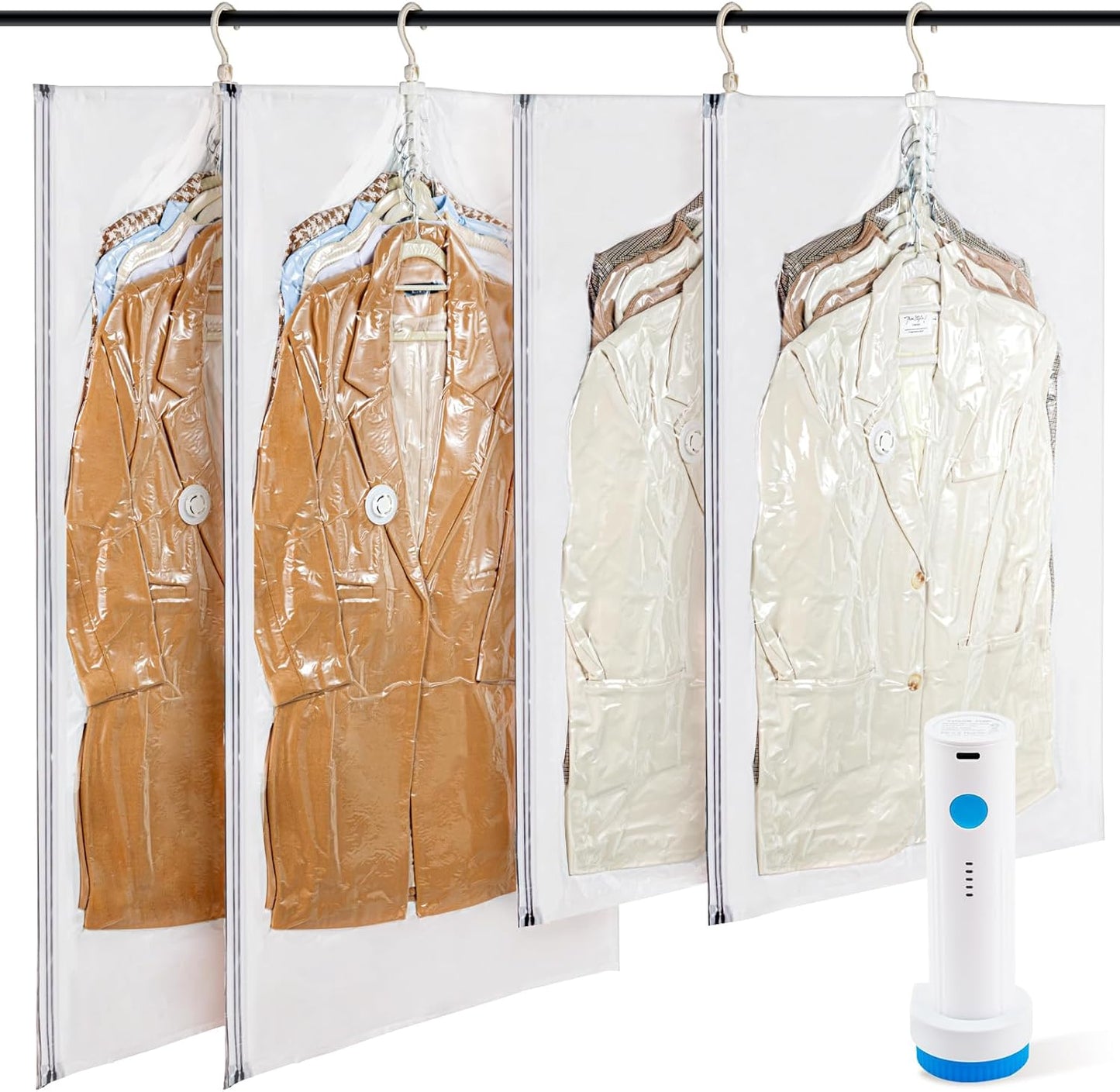 Hanging Vacuum Storage Bags with Electric Pump – 4-Pack Hanging Vacuum Seal Bags for Clothing, Space-Saving Compression Bags for Suits, Jackets, Travel Wear, Winter Coats & Outerwear