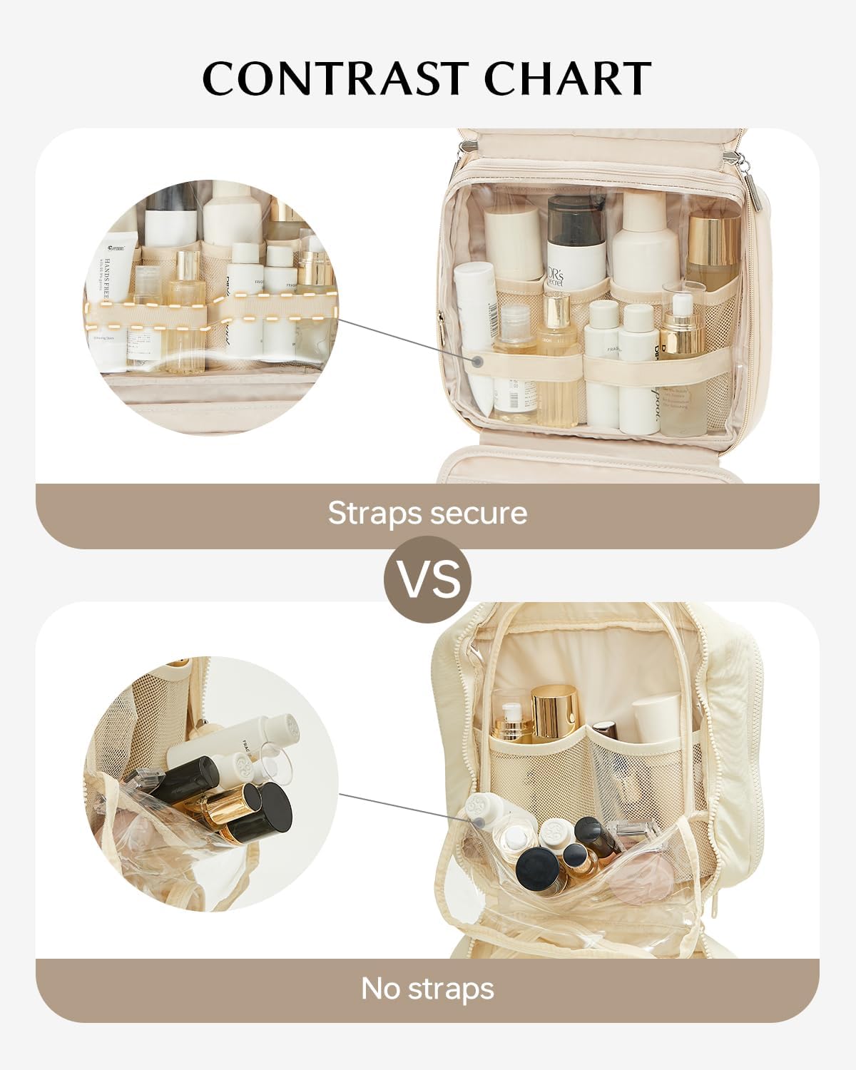 EACHY Toiletry Bag with Hanging Hook, Travel Makeup Bag PU Leather Cosmetic Bags for Women Make Up Organizer with 4 Compartments Waterproof Full-Size Portable Travel Essentials (White，Pro)