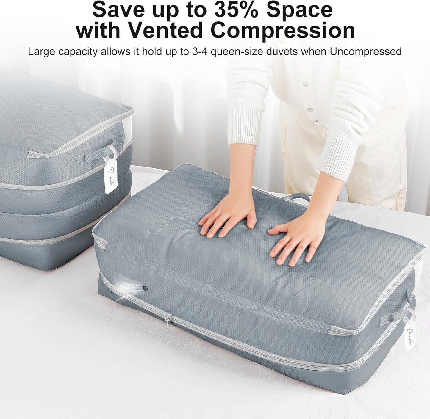 Comforter Storage Bag - Large Capacity Bedding Storage Bags Ultra Space Saving Self Compression Organizer, Washable Compression Bags for Storage Comforter Blanket Duvet Pillow, 2-Pack, Grey