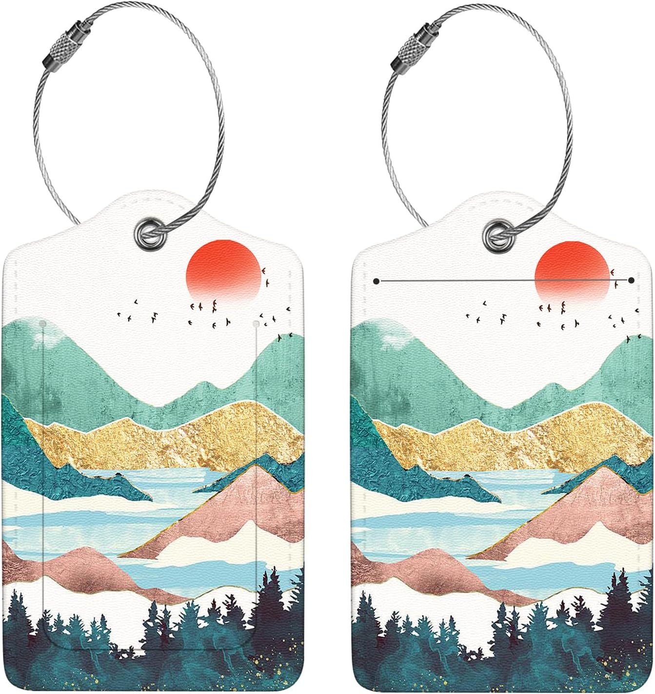 2 Pcs Luggage Tags for Suitcases, PU Leather Cruise Ship Luggage Tags with Privacy Cover Label Address Card and Durable Metal Ring Suitable for Men Women Handbags Backpacks Schoolbag,Golden Mountains