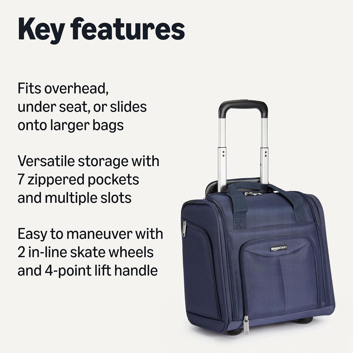 Amazon Basics Underseat Carry On Luggage with Wheels - 14" Rolling Travel Bag, Navy