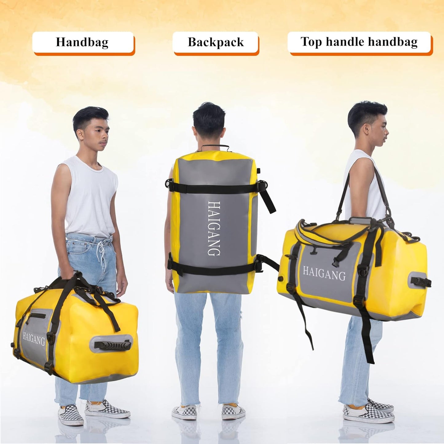 110L Waterproof Duffel Bag Heavy Duty Dry Bag Outdoors Large Storage Sack Zipper Marine Duffle Motorcycle Luggage,Strap Adjustable for Kayaking,Boating,Camping,Beach Rafting Fishing Yellow