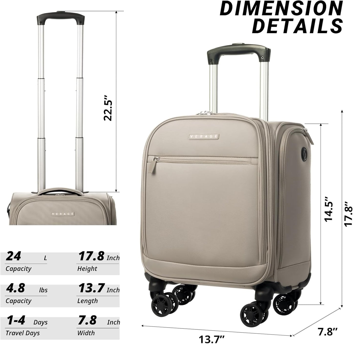 Verage Underseat Carry On Luggage with Wheels, 14.5-Inch Spinner Small Suitcase, Softside Lightweight Travel Bag for Men and Women, Airplane Carry On Bag, Pebble Gary
