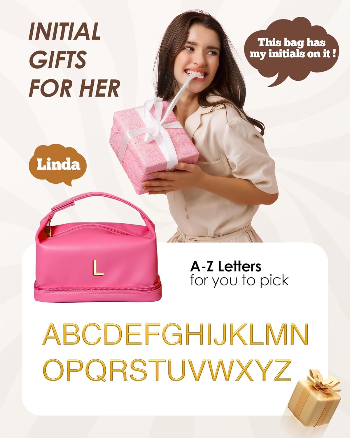 Bridesmaid Gifts for Girl, Monogrammed Makeup Bag with Handle, Initial Double Layer Cosmetic Bag with Makeup Brush Organizer, Cute Cosmetic Pouch for Women, Gifts for Friends Female