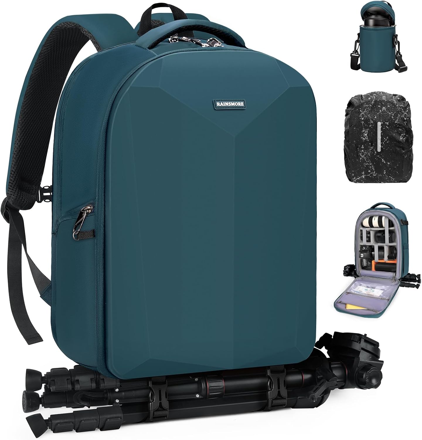 RAINSMORE Camera Backpack Hard Shell for DSLR/SLR Waterproof Camera Bag with Laptop Compartment 15.6 Inch Professional Camera Case with Rain Cover Photography Backpack Bag with Camera Lens Case Green