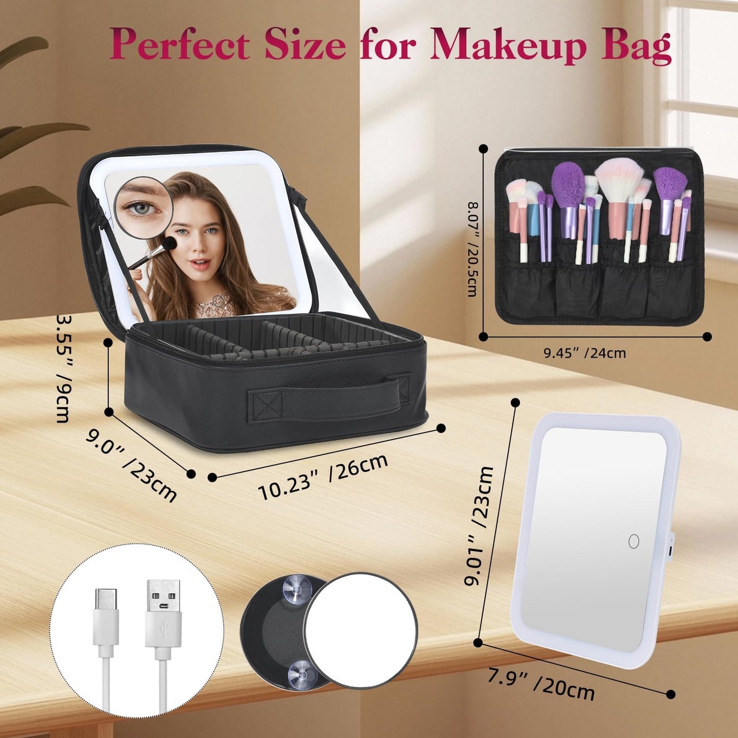 Travel Makeup Bag With LED Mirror,Cosmetic Train Case with 3 Color Setting,Cosmetic Makeup Organizer Bag with Adjustable Dividers,Portable Make up Box with Make up Brushes Holder Storage（Back）