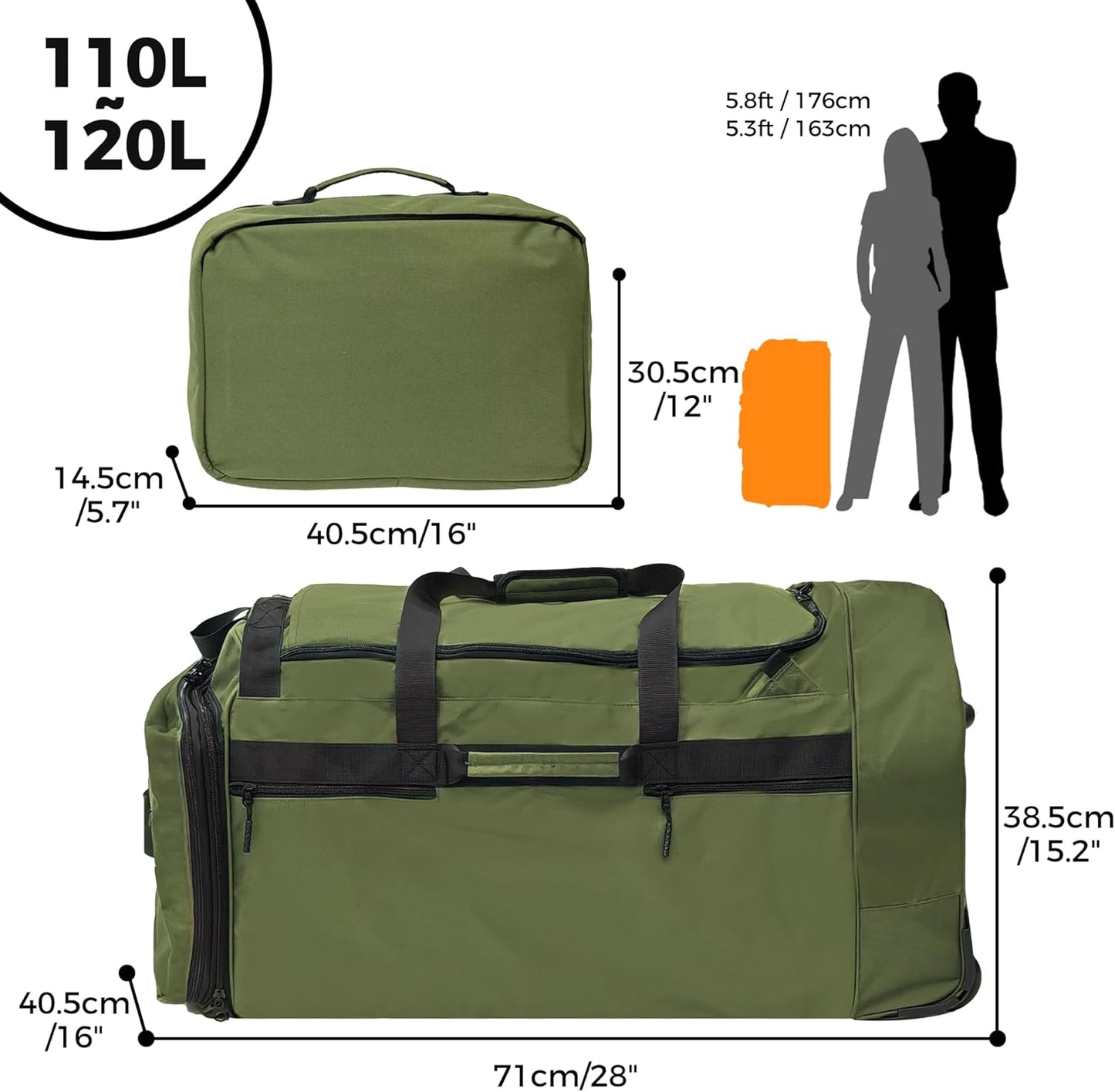 110L/120L Rolling Duffel Bag with Wheels - 28" No-Sag Design for Heavy Loads, Waterproof Travel Duffel w/Shoulder Straps and Dividers, Foldable Lightweight Design for Camping/Cargo/Air Travel