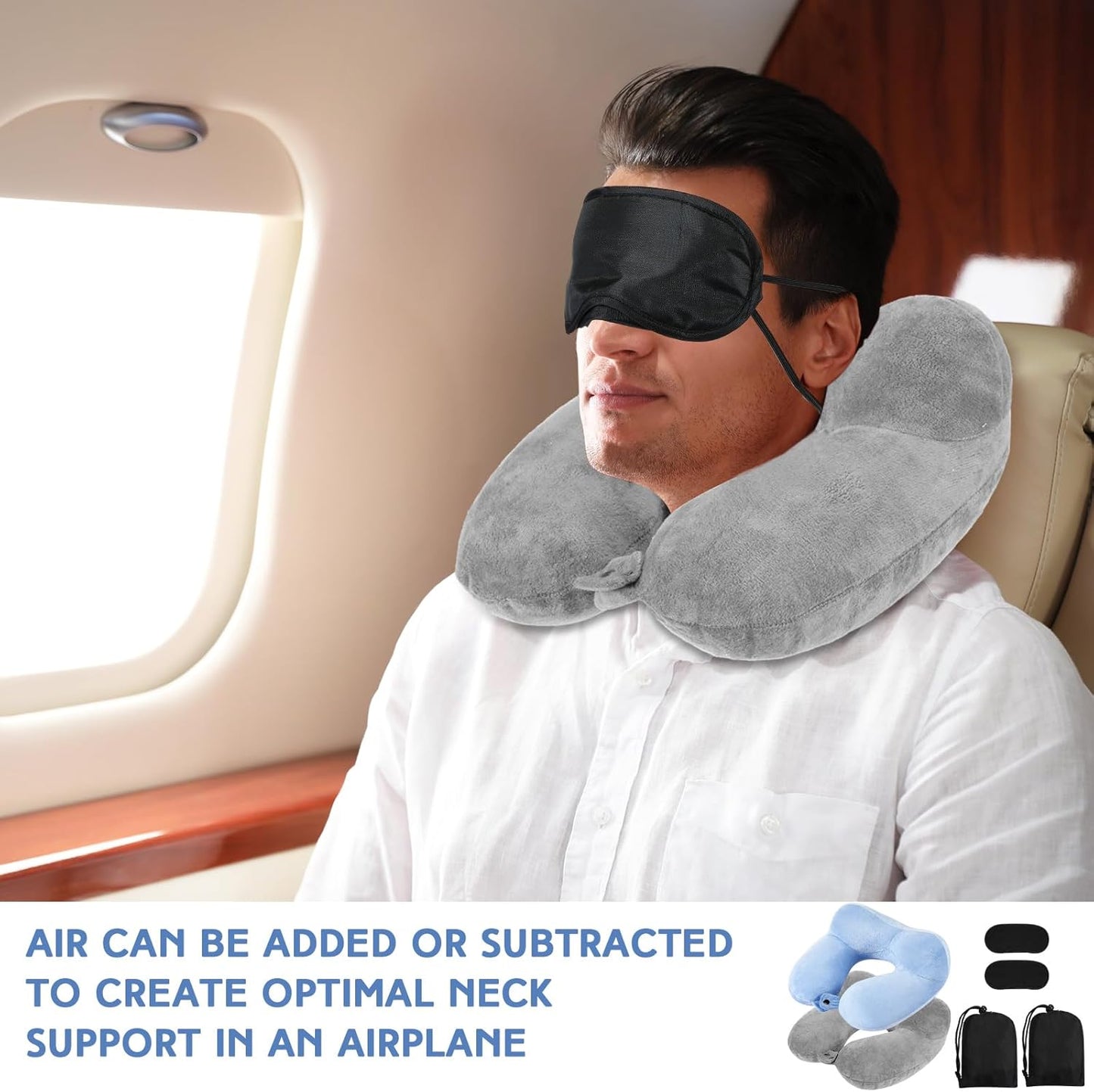 Sintuff 2 Pack Inflatable Travel Pillow for Airplanes Inflatable Neck Flight Pillows with Compact Bag and Blindfold for Traveling, Airplane, Train, Car, Office(Light Gray and Sky Blue)