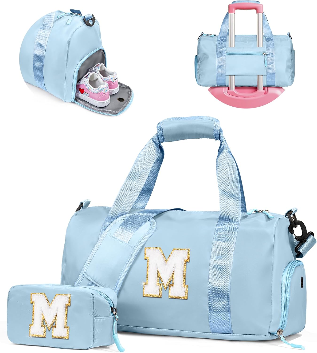 Gifts for 3 4 5 6 7 8 9 10 Year Old Girls-Girl Gym Bag with Shoe Compartment, Kid Personalized Weekender Overnight Bags, Initial Travel Tote with Makeup Pouch, Gift Ideas for Kids (Letter M)