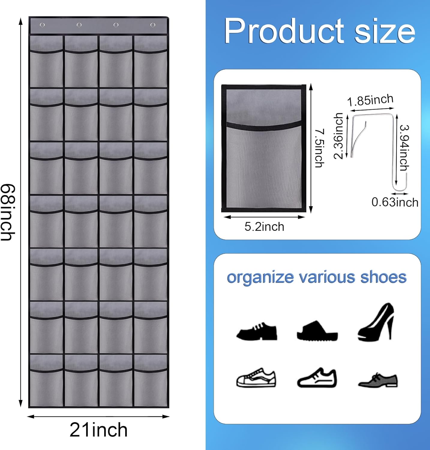 28 Mesh Pockets Hanging Shoe Organizer, Over the Door Shoe Organizer，Closet Storage Holder for Back of Door Storage Holder for Back of Door(Grey)