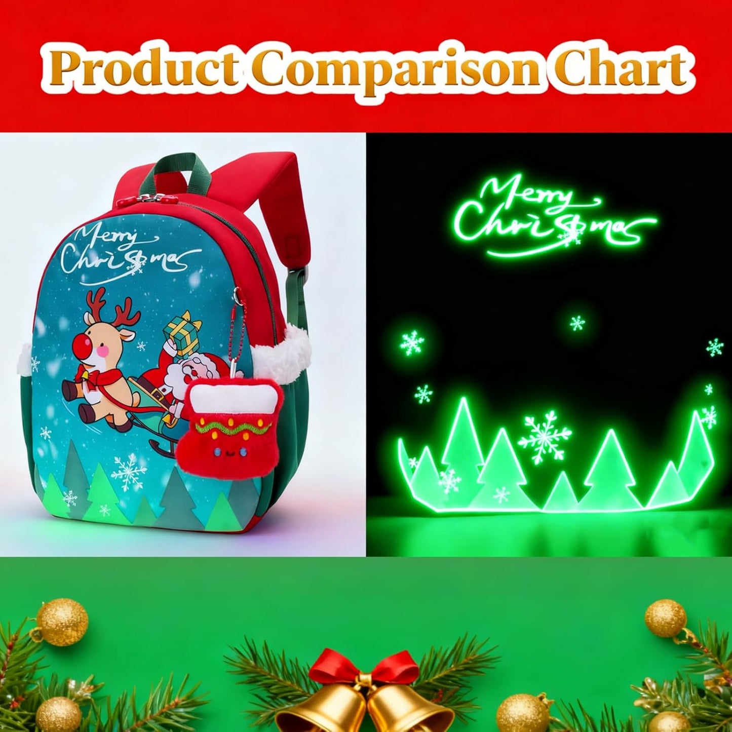 SUN EIGHT Kids Christmas Backpack – Glow in the Dark Santa & Reindeer Design, Lightweight Waterproof School Bag with Plush Stocking Charm & Gift Bag – Perfect Holiday Present for Boys and Girls