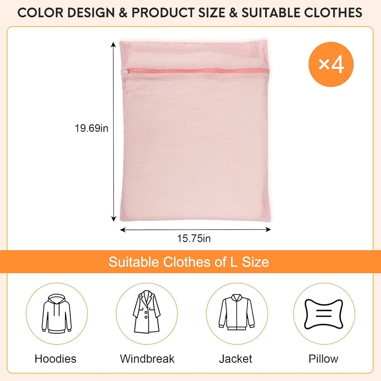 4-Piece Pink Large Durable Organic Cotton Mesh Laundry Bags with Sturdy Zippers and Breathable Mesh are Delicate Laundry Bags for Underwear, Clothes, Pants and Socks