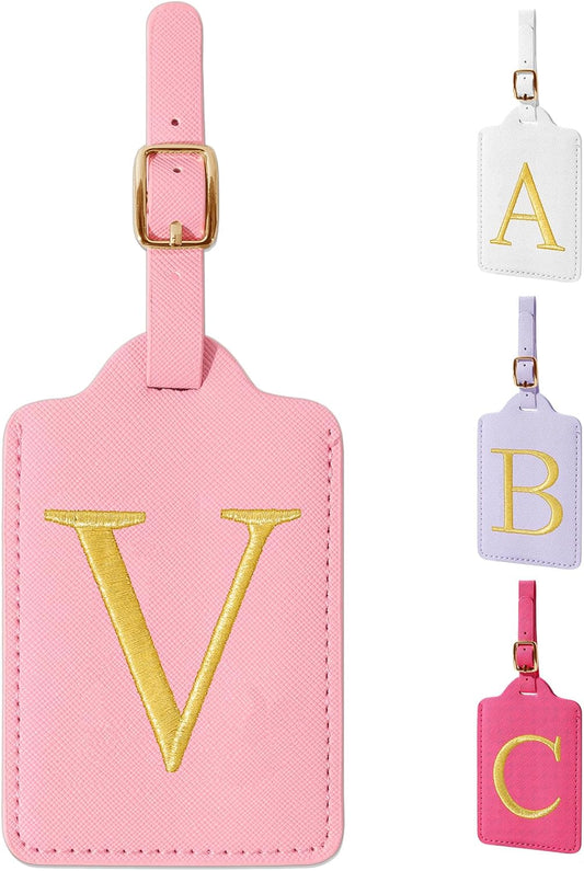 Personalized Initial Luggage Tags for Suitcase, Pink Leather Cute Luggage Tags with Privacy Cover Name Card, Embroidered Custom Monogrammed Luggage Tag Travel Bag Baggage Tags Gifts for Women Kids(V)
