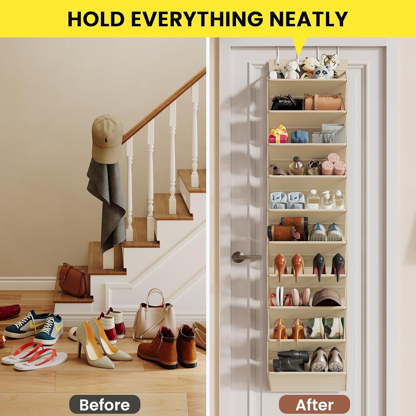 Over the Door Shoe Organizer for Closet, Shoes Rack with 10 Tier PVC Window Deep Pockets, Hanging Shoe Organizers for Boot Storage, Behind the Door Narrow Shoe Holder for Small Shoes, Beige