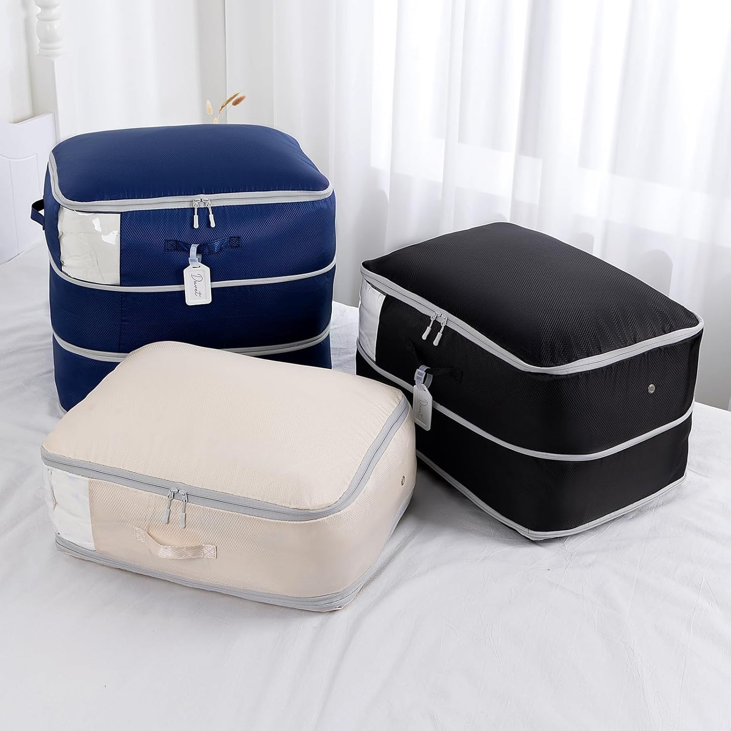 Comforter Storage Bag - Large Capacity Blanket Storage Bags 3-Layer Ultra Space Saving Self Compression Organizer, Washable Compression Bags for Storage Comforter Blanket, 8-Pack, Beige