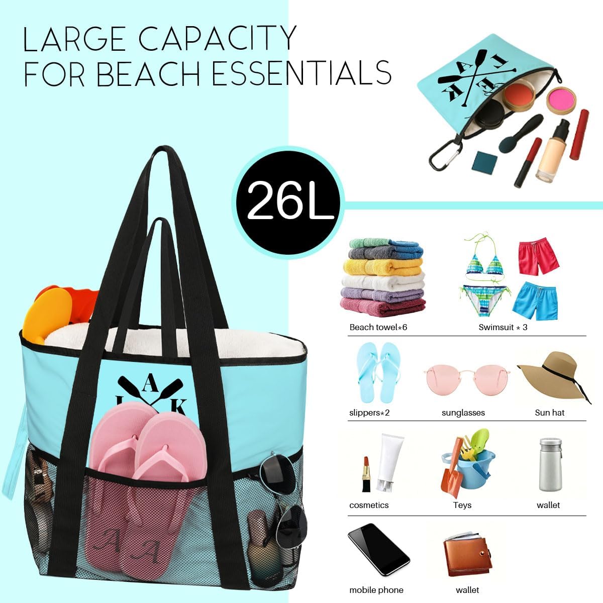 8-Pocket Waterproof Tote for Women -Sandproof Beach Bag with Zipper& Family | Foldable Travel Swim Bag (Gift-Ready)