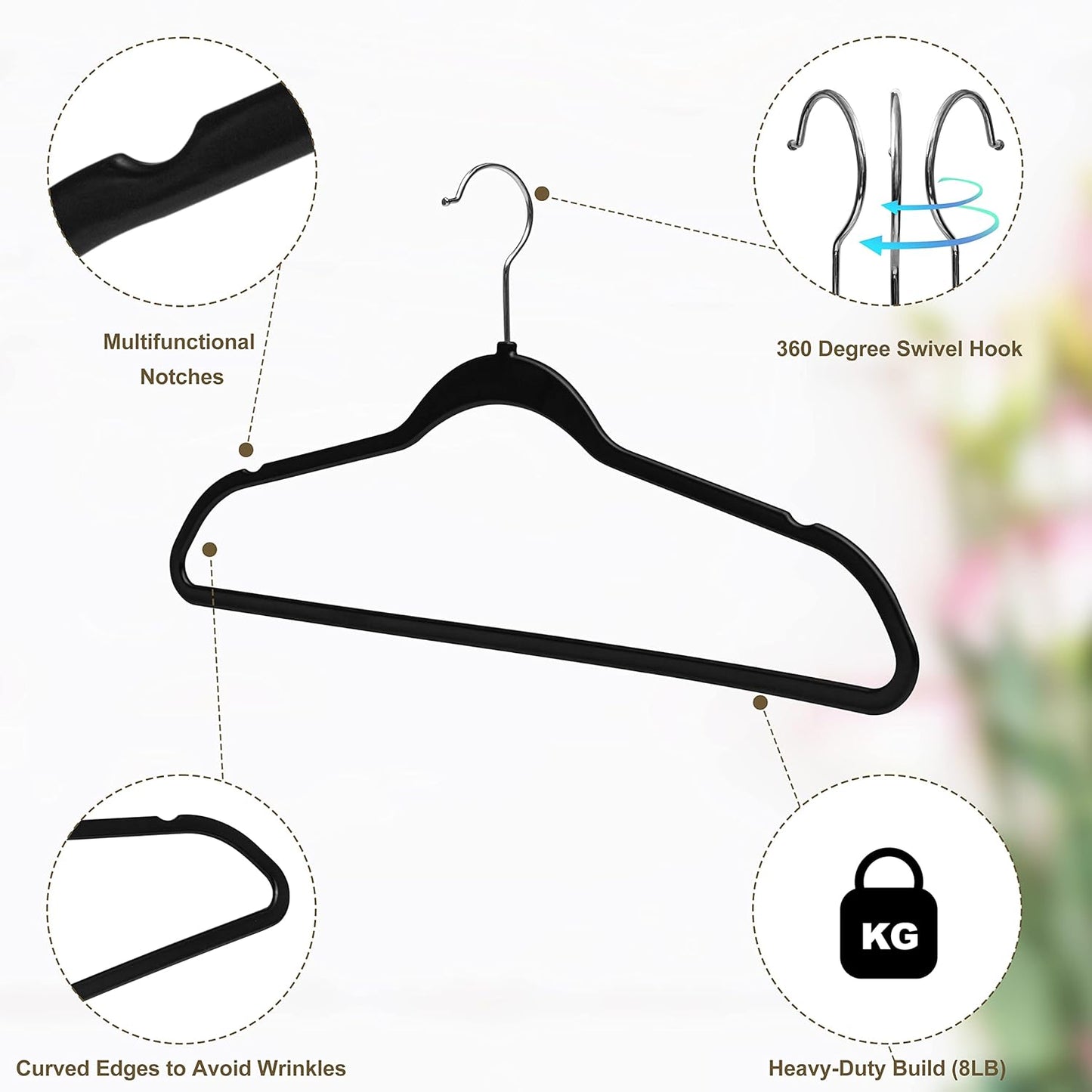Quality Hangers 50 Pack Slim Plastic Hangers for Clothes - Heavy Duty Non-Velvet Black Hangers with 360° Swivel Chrome Hook & Non Slip Notches - Ideal for Dresses Coats Shirts Jackets & More - Black