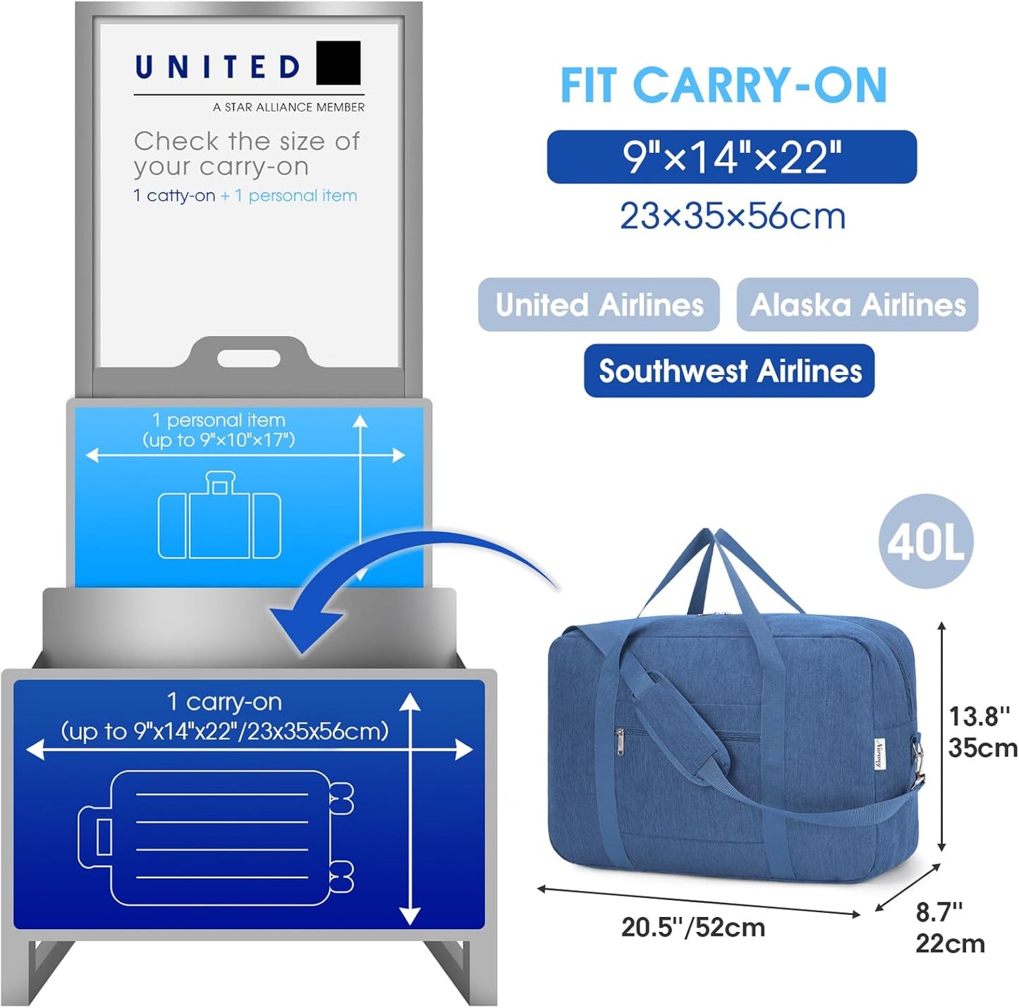 Carry on luaggage 22x14x9 Airlines Approved Foldable Carry on Bag Packable Duffle Overnight for Women and Men 40L (Navy Blue-1)