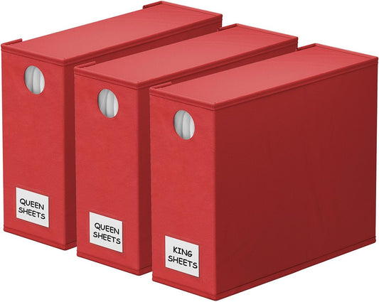 SpaceAid 3 Pack Bed Organizers and Storage, Foldable Sheet Organizer for Linen Closet, Set Folder Keeper With Window XL (Queen & King Size) Bedding Container (Red)